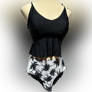 Women's Bikini 2 Pc Swimsuit High-Breasted Straps White & Black Palm tree bottom